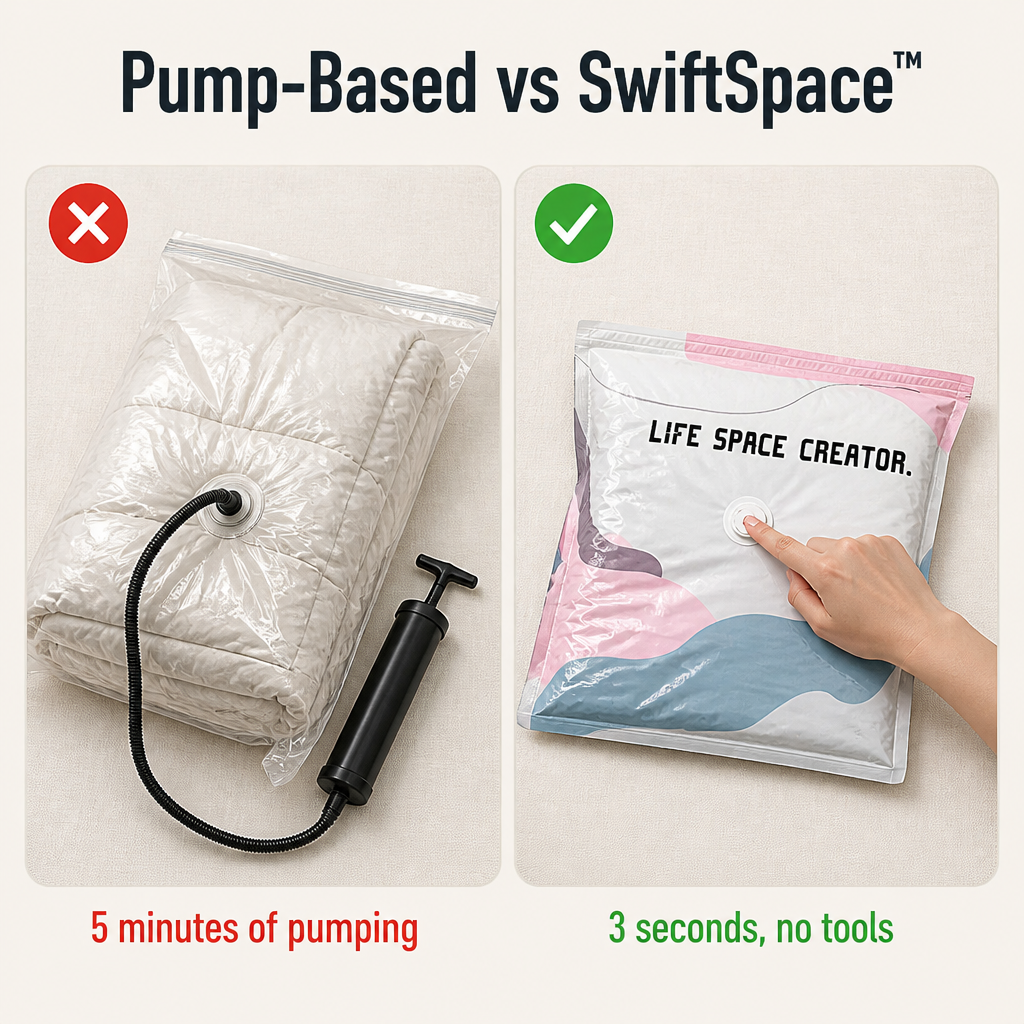 SwiftSpace™ — Compressez les couettes, manteaux et literie à un cinquième de leur taille, sans pompe