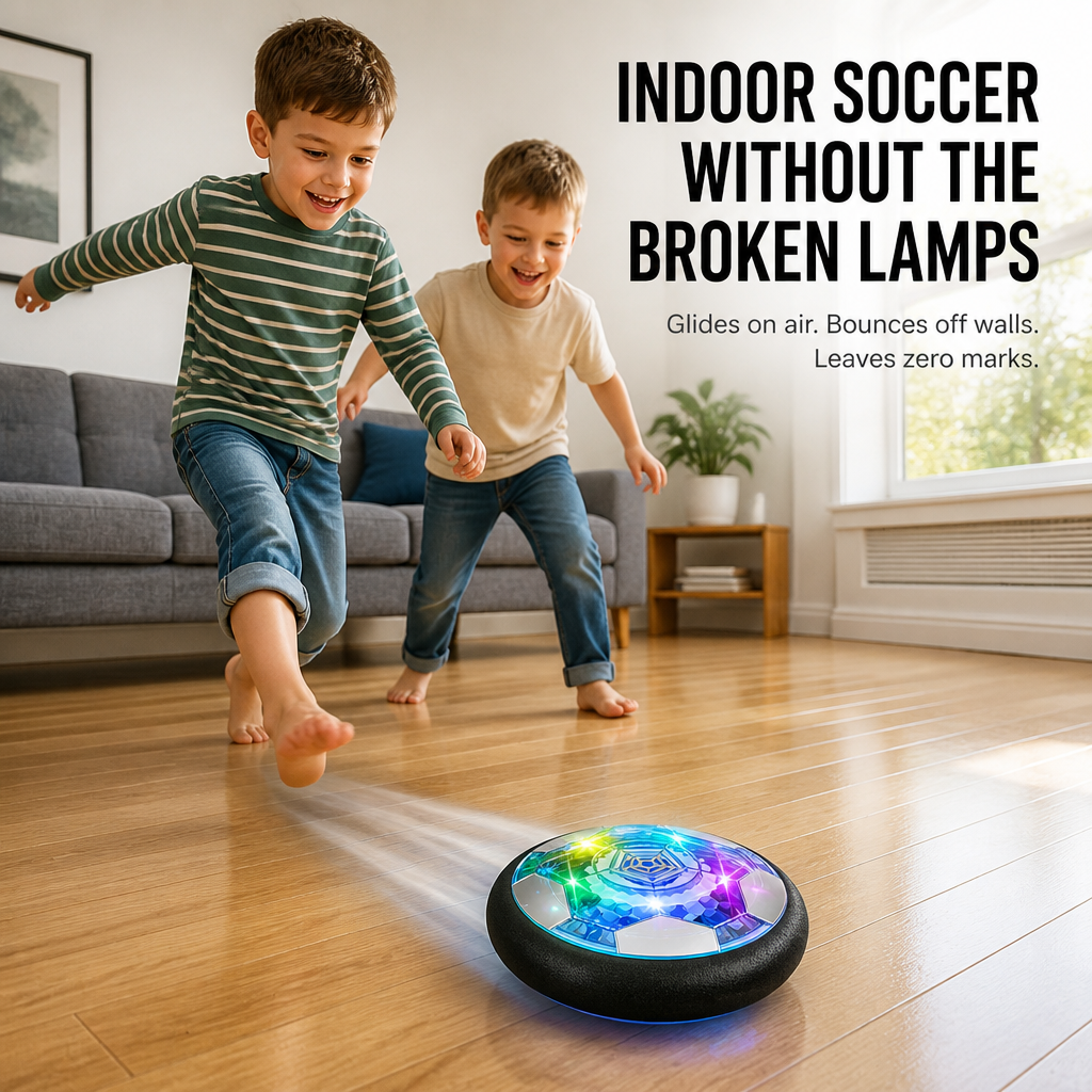 GlideSphere™ — Transformez les Après-Midis Pluvieux En Soccer Intérieur Sans Lampes Cassées