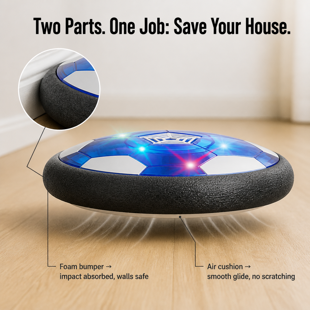 GlideSphere™ — Transformez les Après-Midis Pluvieux En Soccer Intérieur Sans Lampes Cassées