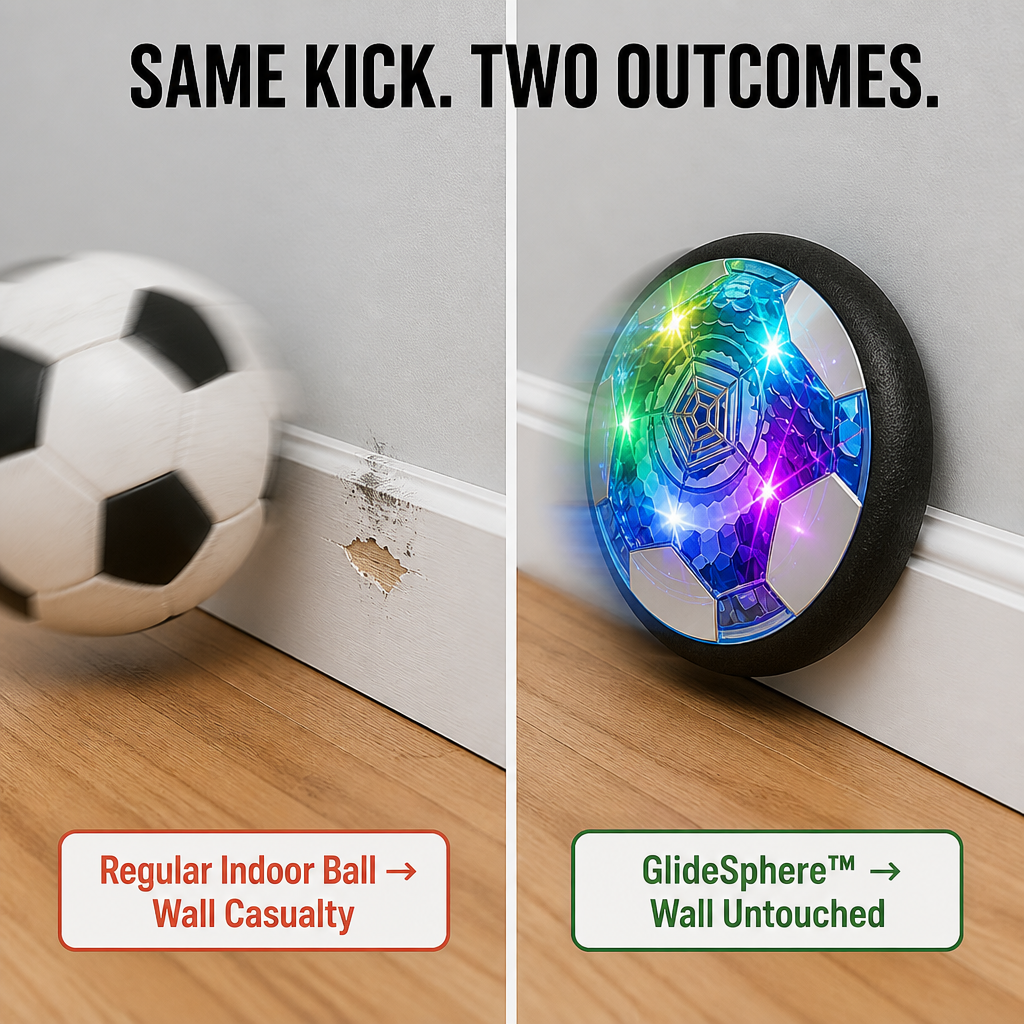 GlideSphere™ — Transformez les Après-Midis Pluvieux En Soccer Intérieur Sans Lampes Cassées