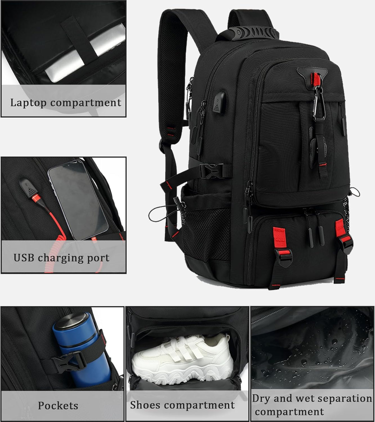 Sac à dos de voyage imperméable de 60L avec USB et compartiment à chaussures