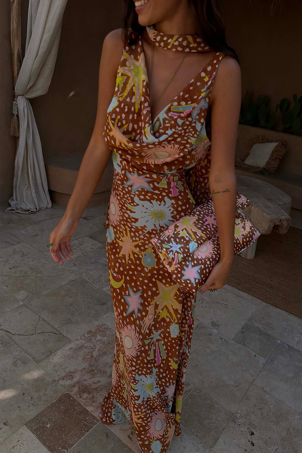 Robe de Maison à Col Bénitier pour Femmes - Imprimé Faon