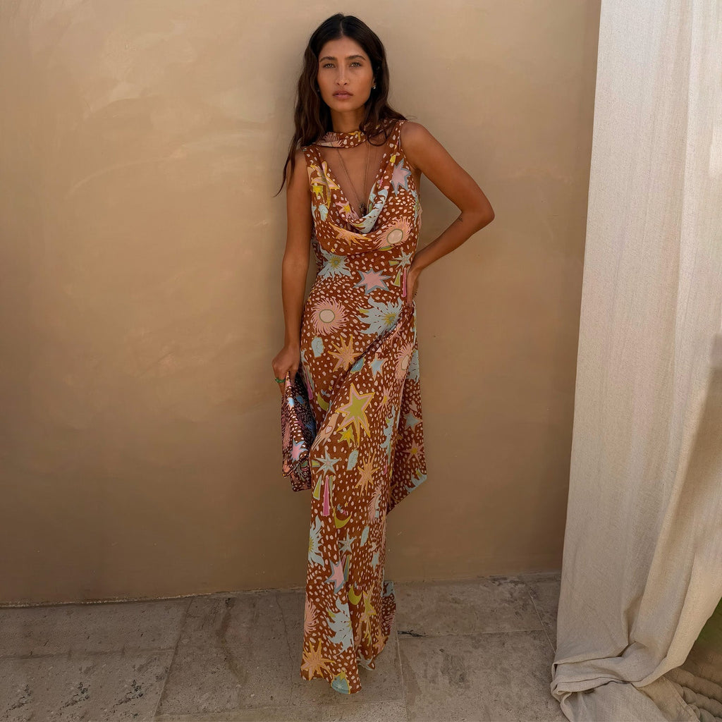 Robe de Maison à Col Bénitier pour Femmes - Imprimé Faon