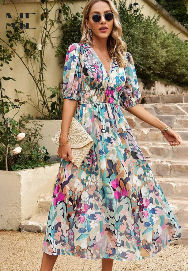 Robe Midi à Manches Bouffantes Fleurie pour Femmes - Style d'Été