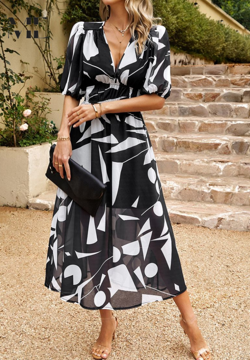 Robe Midi à Manches Bouffantes Fleurie pour Femmes - Style d'Été