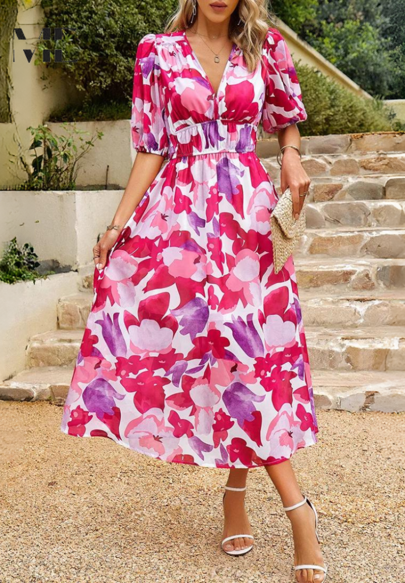 Robe Midi à Manches Bouffantes Fleurie pour Femmes - Style d'Été