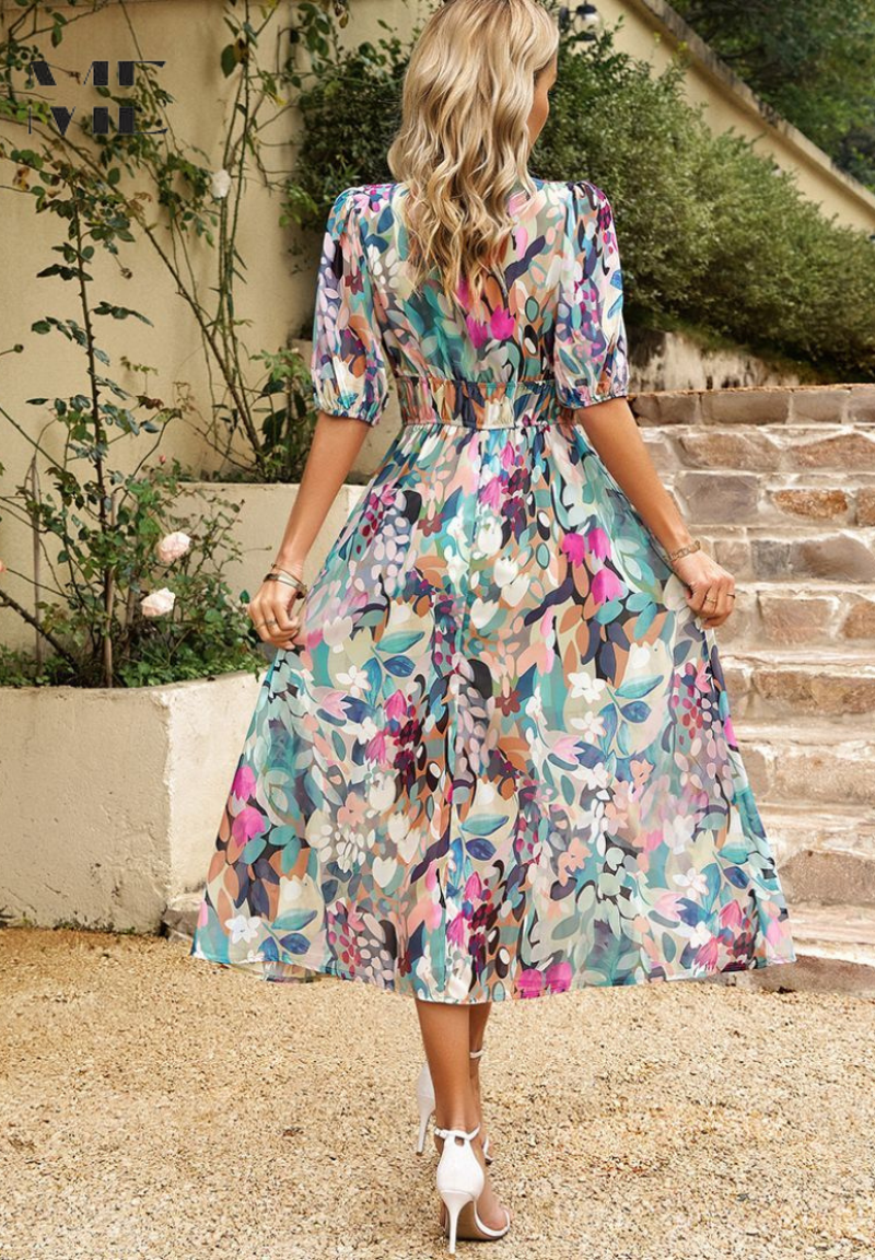 Robe Midi à Manches Bouffantes Fleurie pour Femmes - Style d'Été