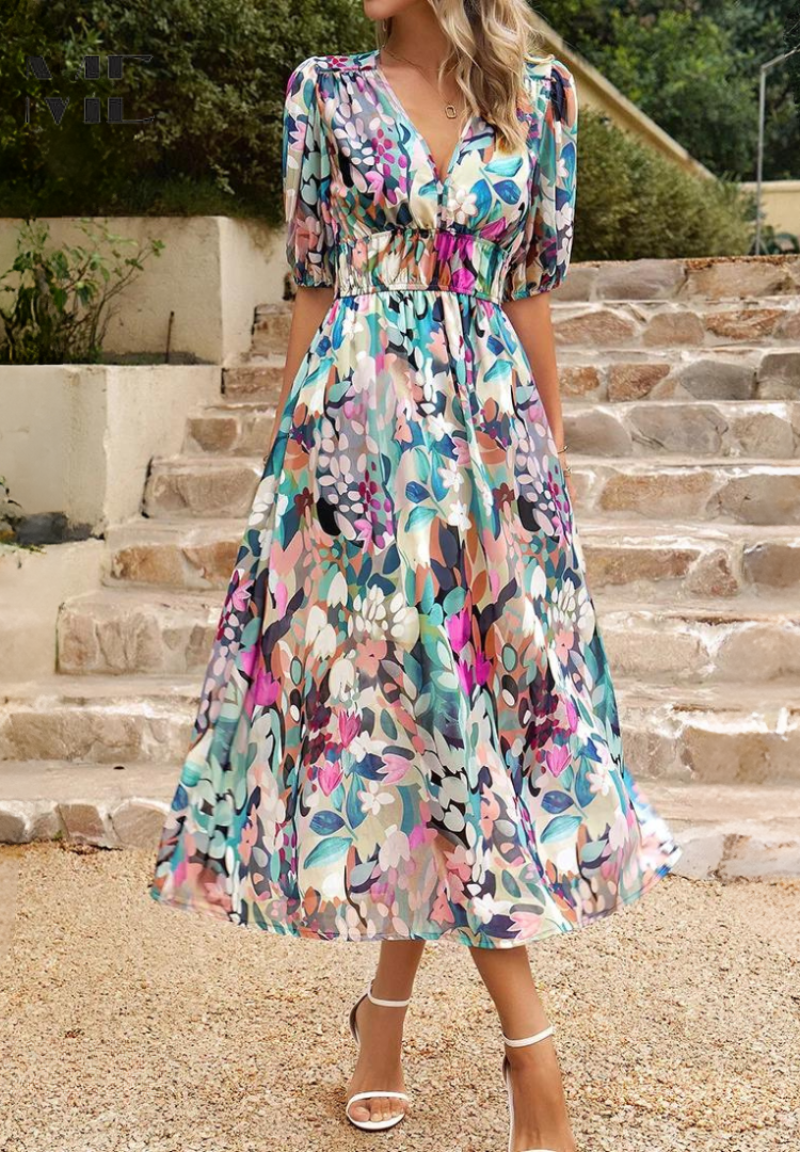 Robe Midi à Manches Bouffantes Fleurie pour Femmes - Style d'Été