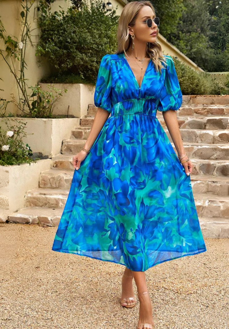 Robe Midi à Manches Bouffantes Fleurie pour Femmes - Style d'Été