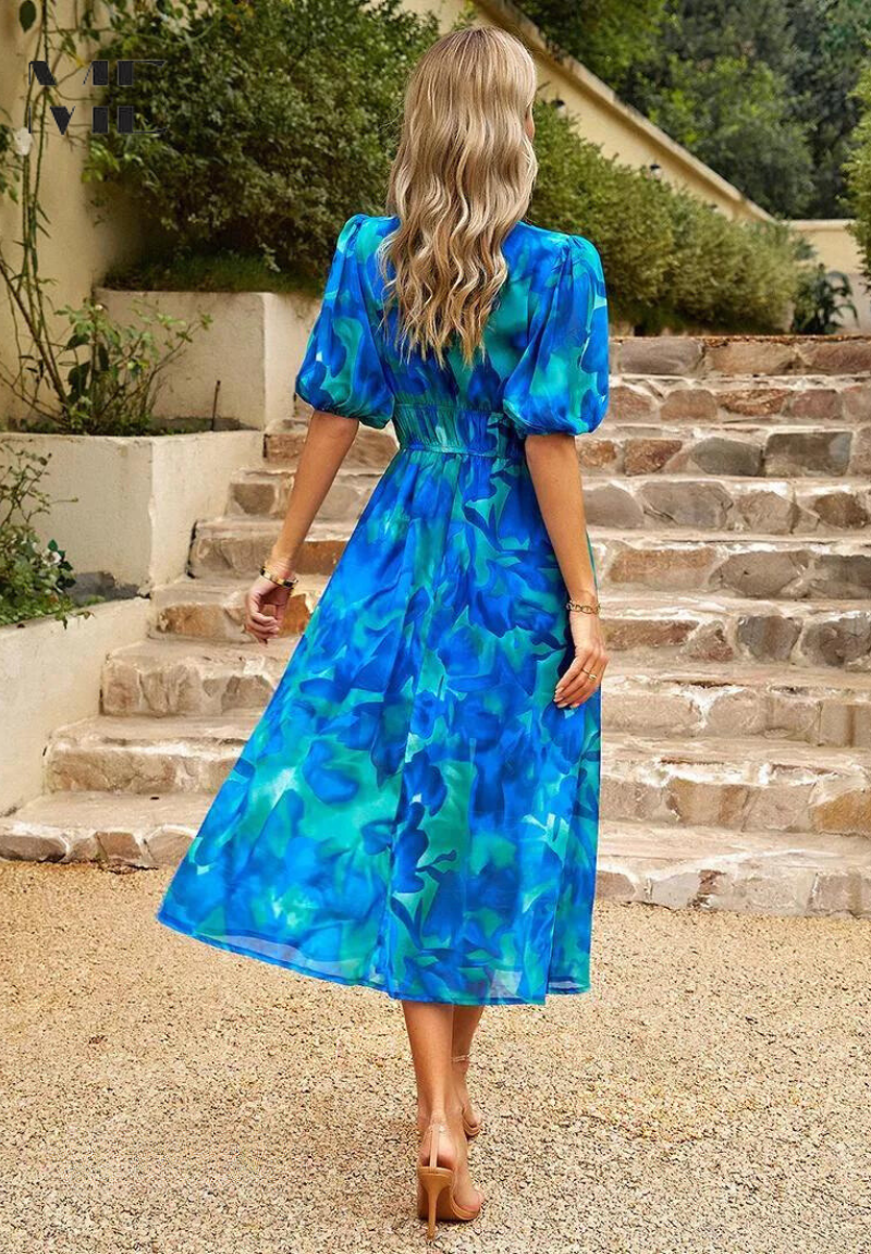 Robe Midi à Manches Bouffantes Fleurie pour Femmes - Style d'Été