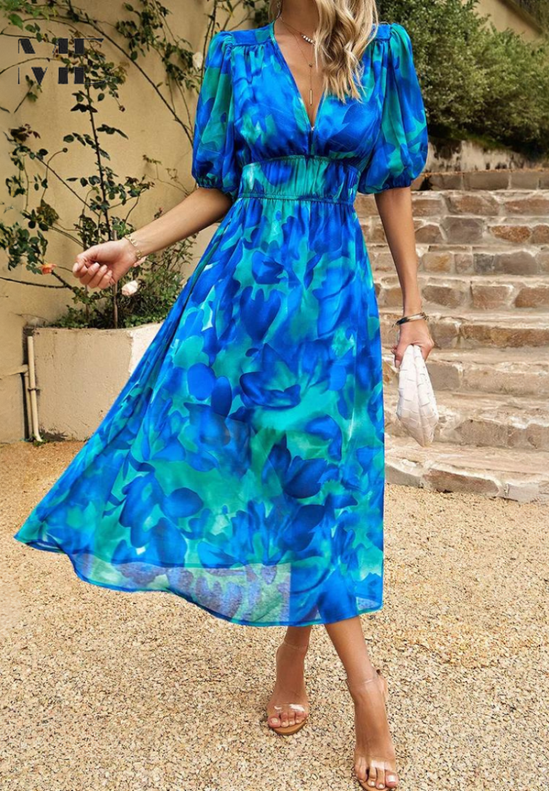 Robe Midi à Manches Bouffantes Fleurie pour Femmes - Style d'Été