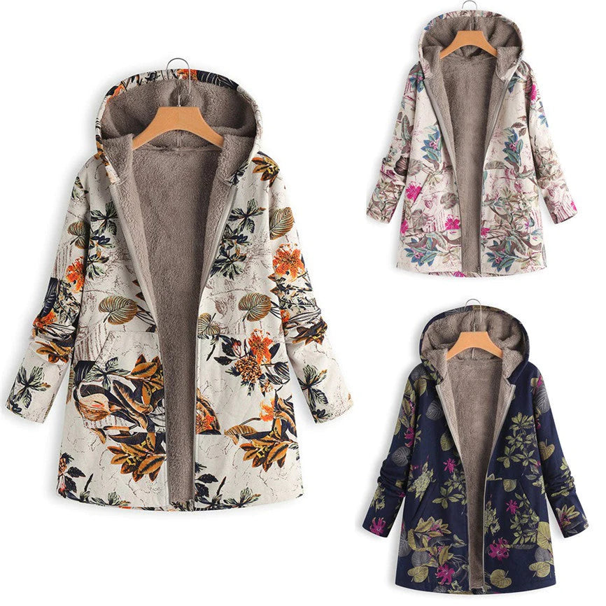 Manteau d'Hiver Floral pour Femmes avec Capuche