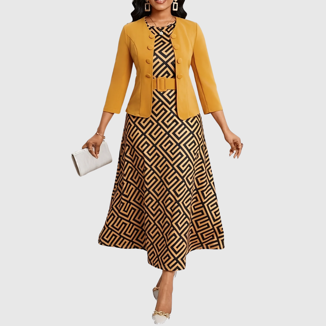 Ensemble de Robe et Veste à Imprimé pour Femmes avec Ceinture