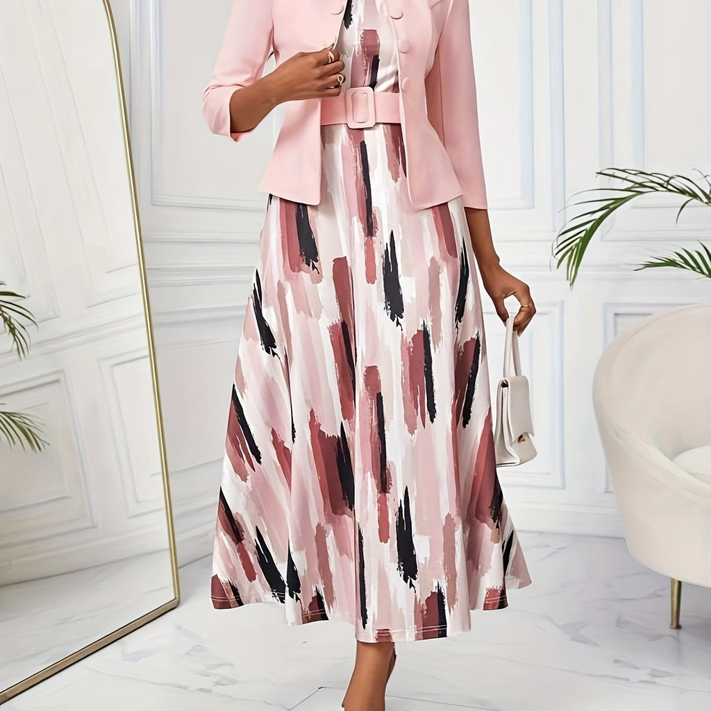 Ensemble de Robe et Veste à Imprimé pour Femmes avec Ceinture