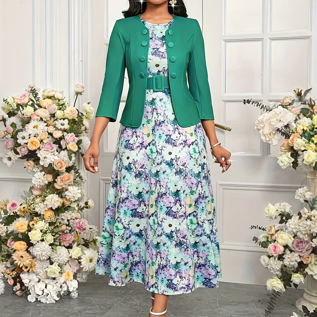 Ensemble de Robe et Veste à Imprimé pour Femmes avec Ceinture