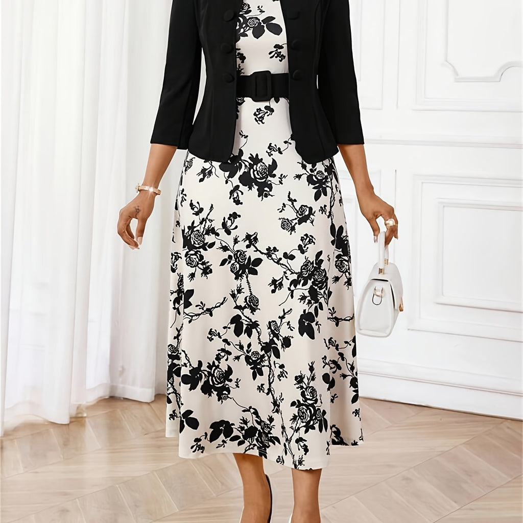 Ensemble de Robe et Veste à Imprimé pour Femmes avec Ceinture
