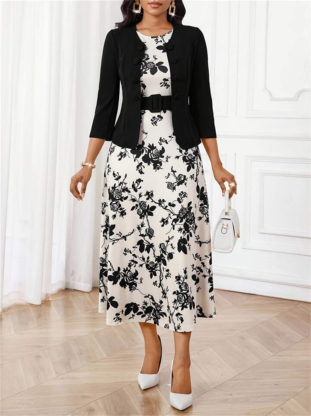 Ensemble de Robe et Veste à Imprimé pour Femmes avec Ceinture