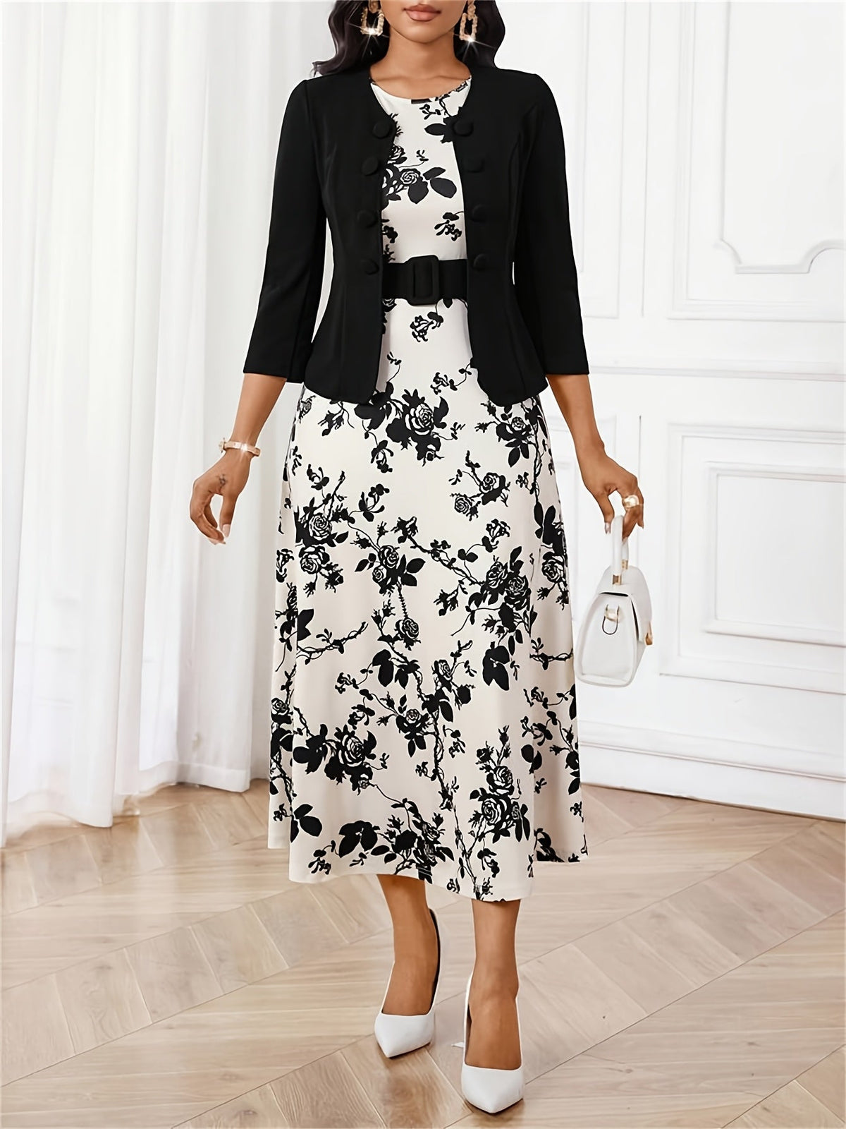 Ensemble de Robe et Veste à Imprimé pour Femmes avec Ceinture