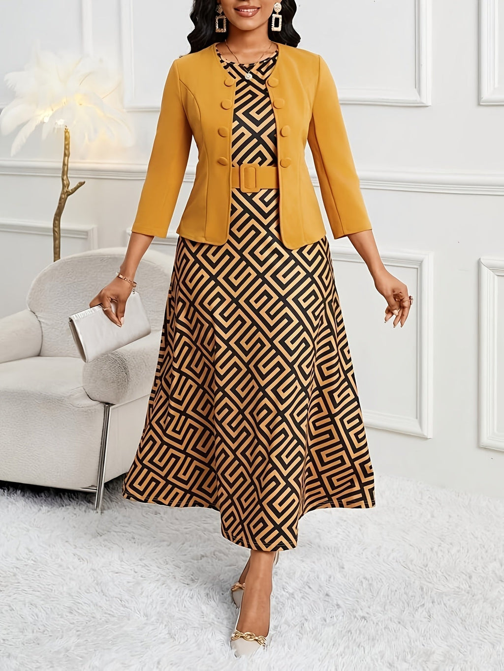 Ensemble de Robe et Veste à Imprimé pour Femmes avec Ceinture