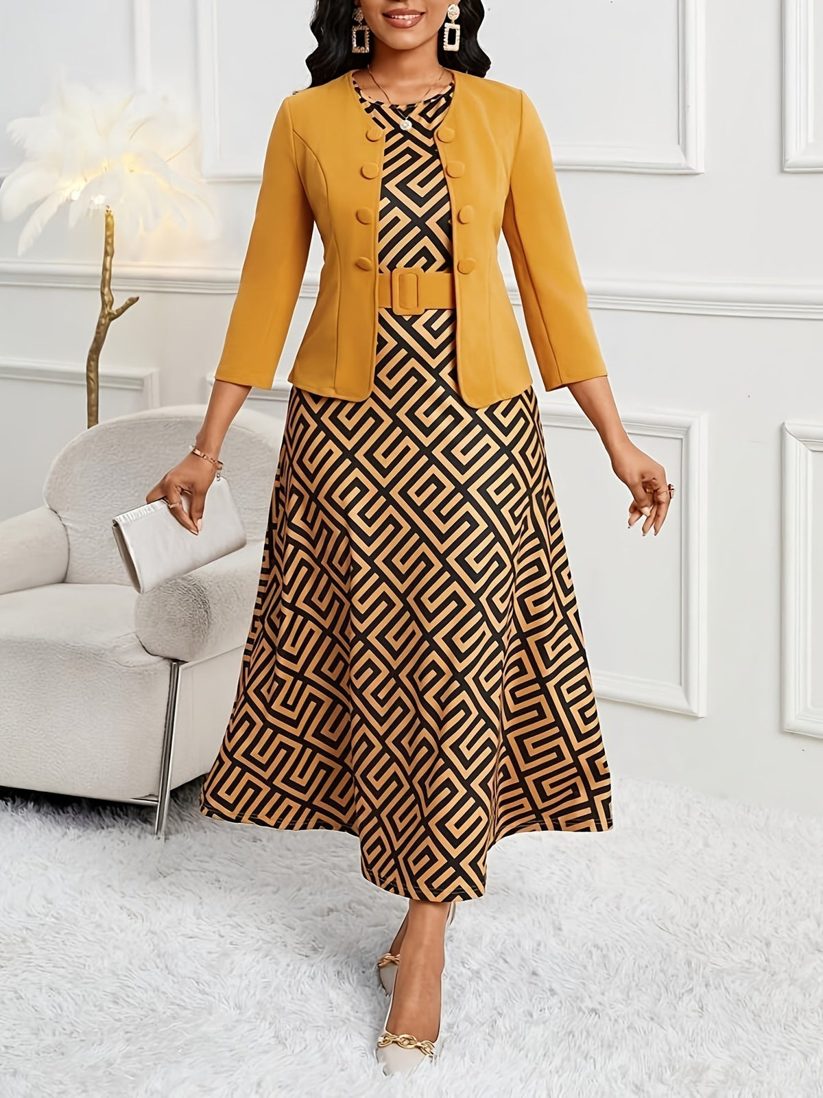 Ensemble de Robe et Veste à Imprimé pour Femmes avec Ceinture