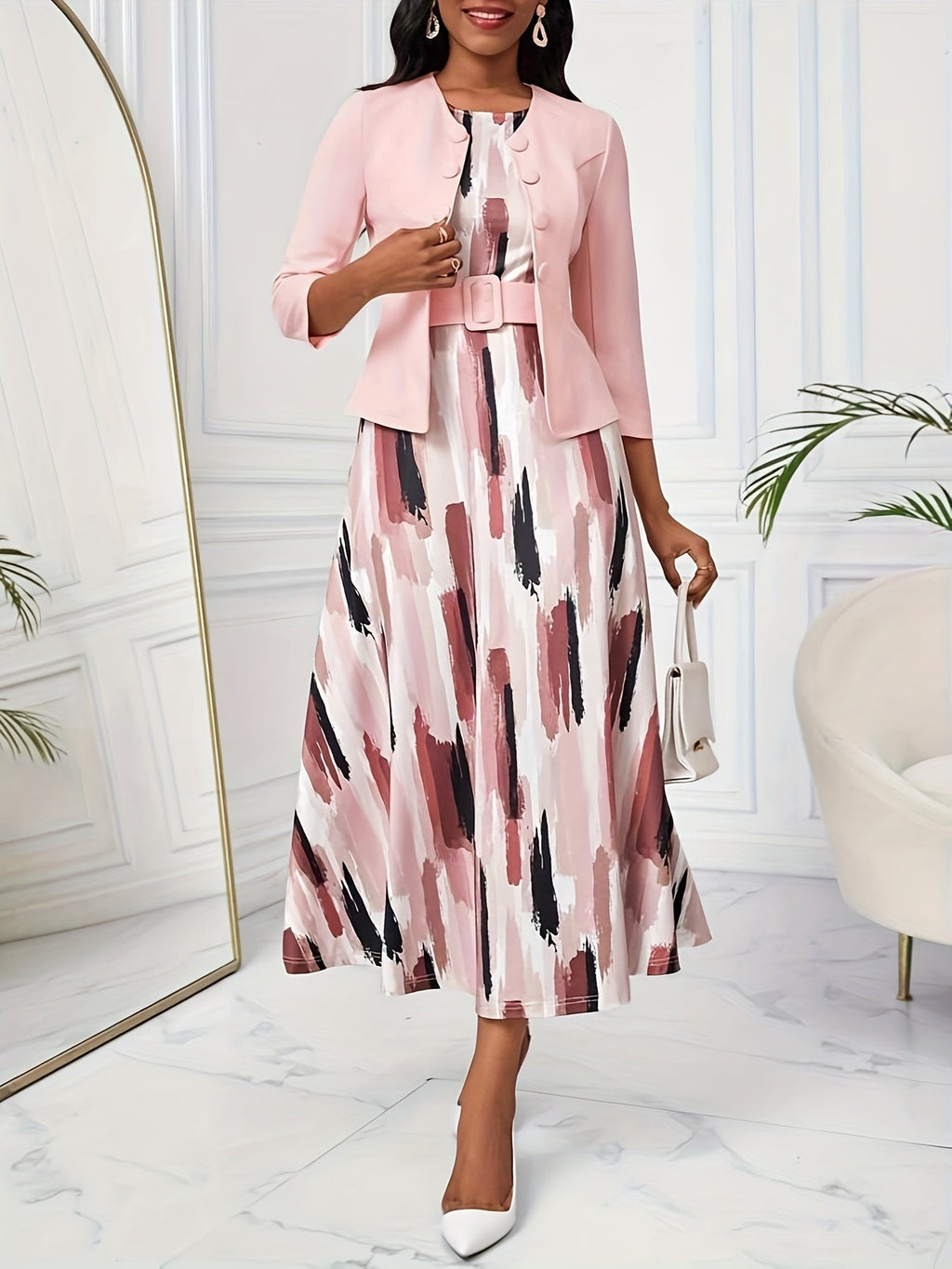 Ensemble de Robe et Veste à Imprimé pour Femmes avec Ceinture