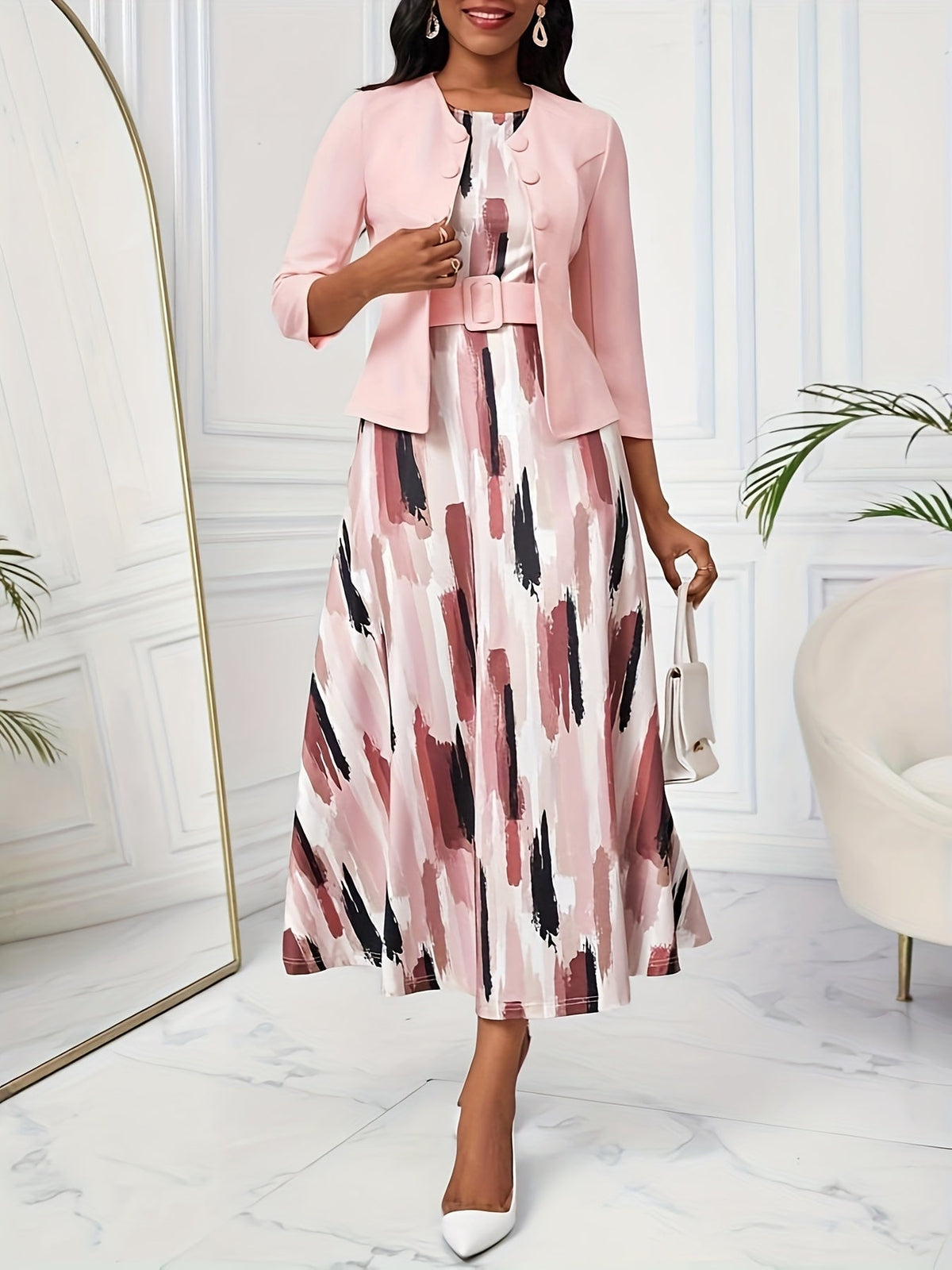 Ensemble de Robe et Veste à Imprimé pour Femmes avec Ceinture