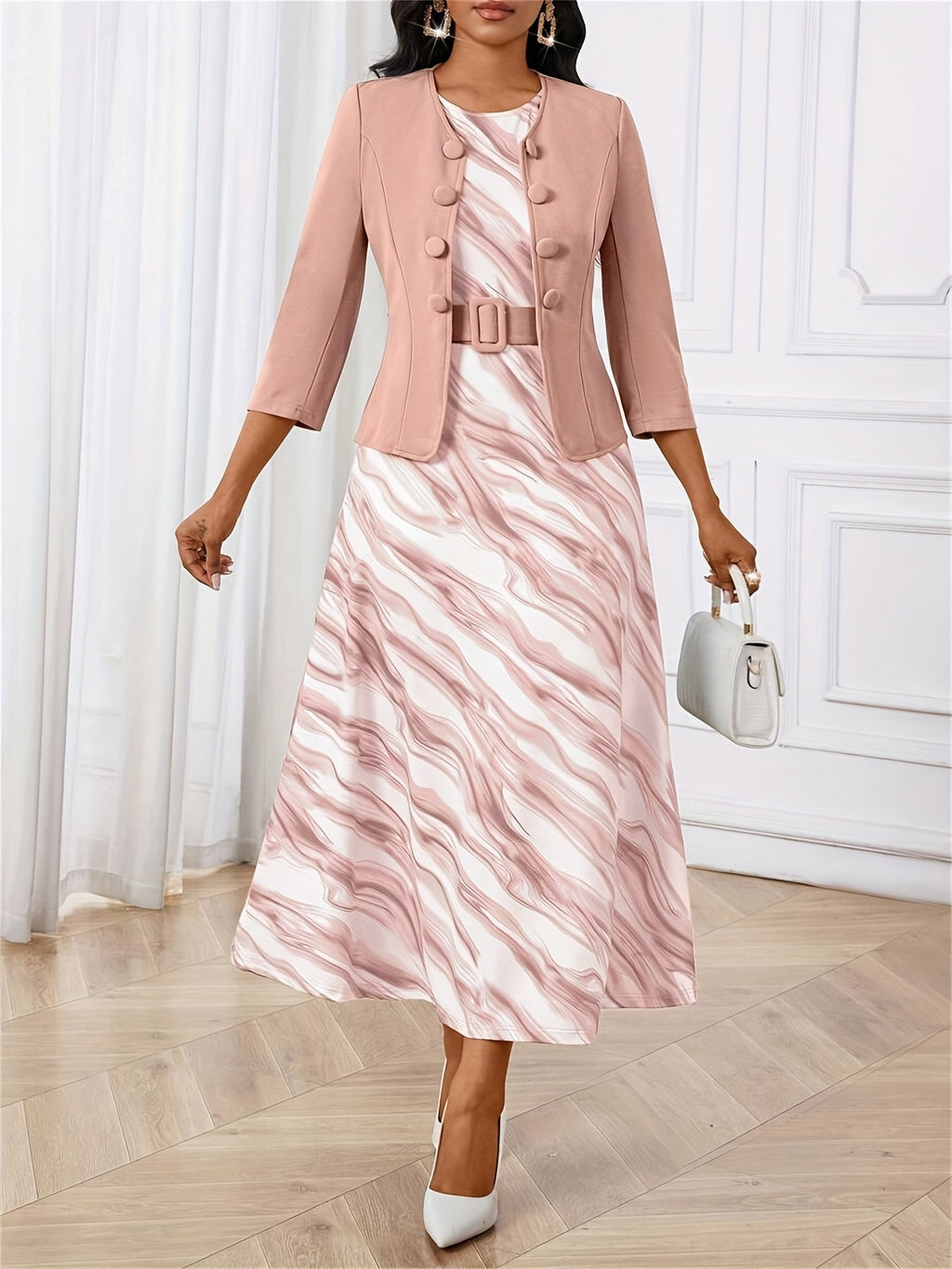 Ensemble de Robe et Veste à Imprimé pour Femmes avec Ceinture