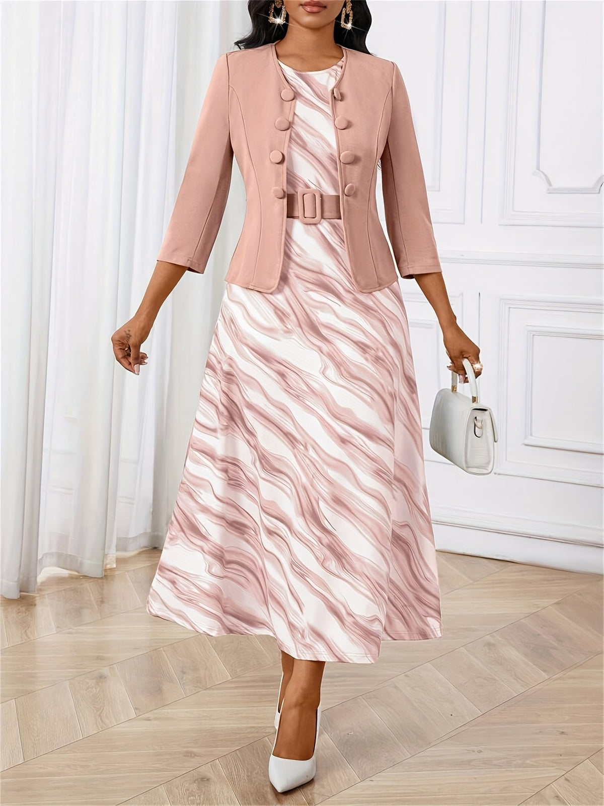 Ensemble de Robe et Veste à Imprimé pour Femmes avec Ceinture