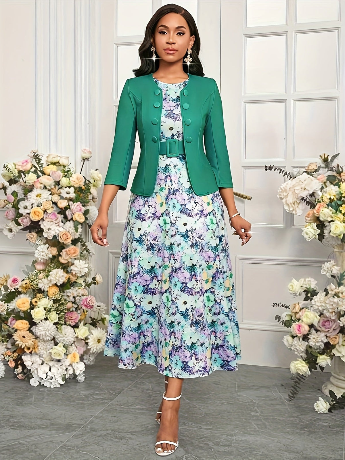 Ensemble de Robe et Veste à Imprimé pour Femmes avec Ceinture