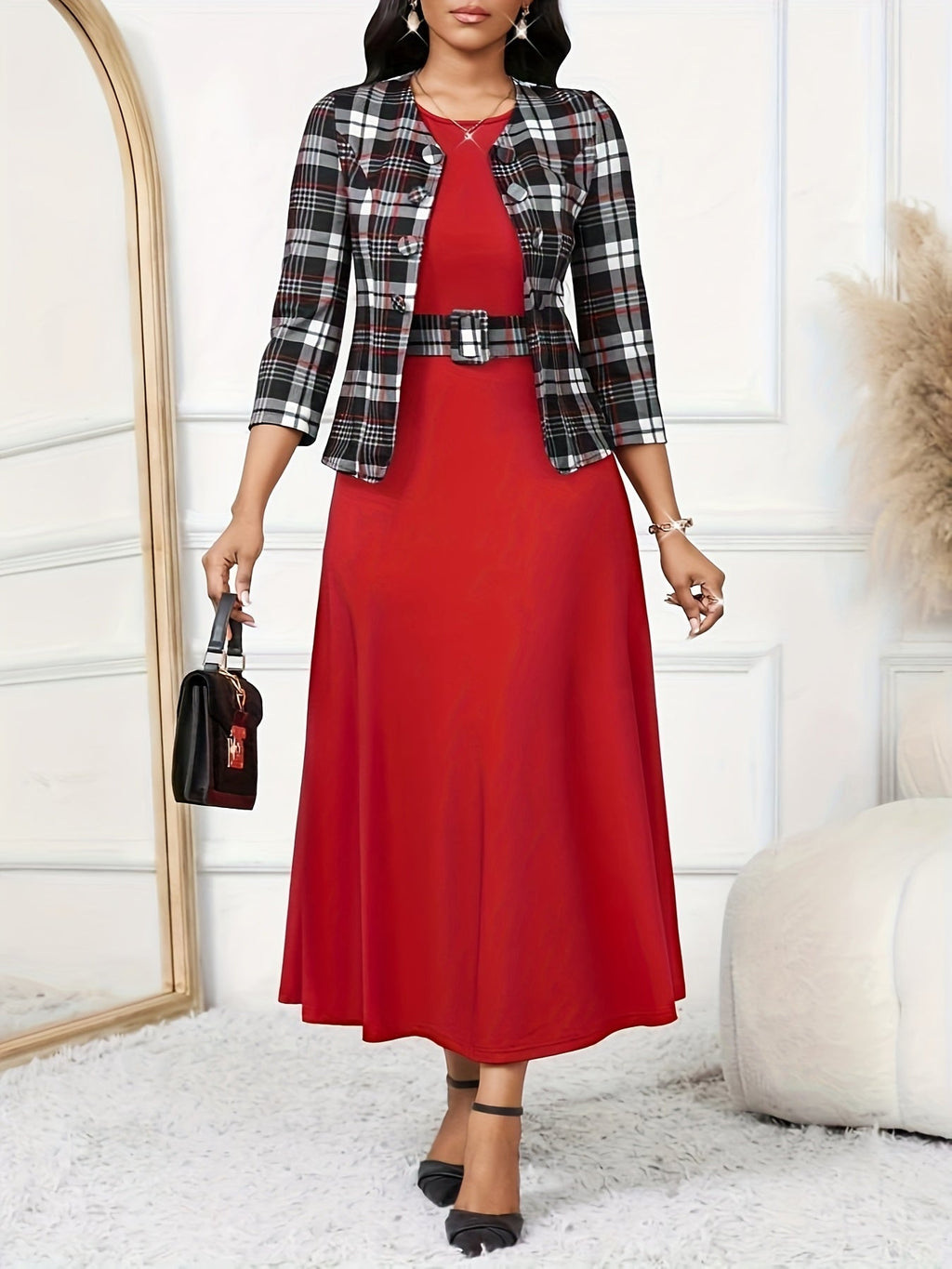 Ensemble de Robe et Veste à Imprimé pour Femmes avec Ceinture