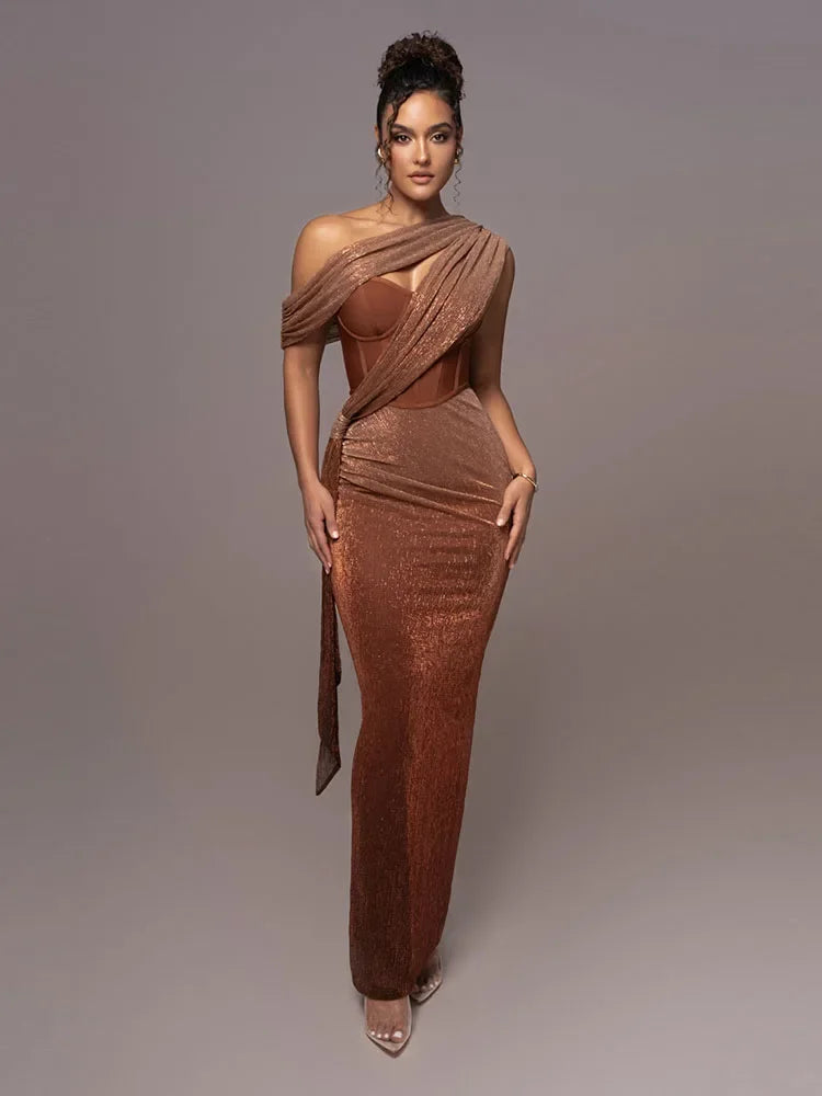 Robe de Soirée Métallique à Une Épaule pour Femmes