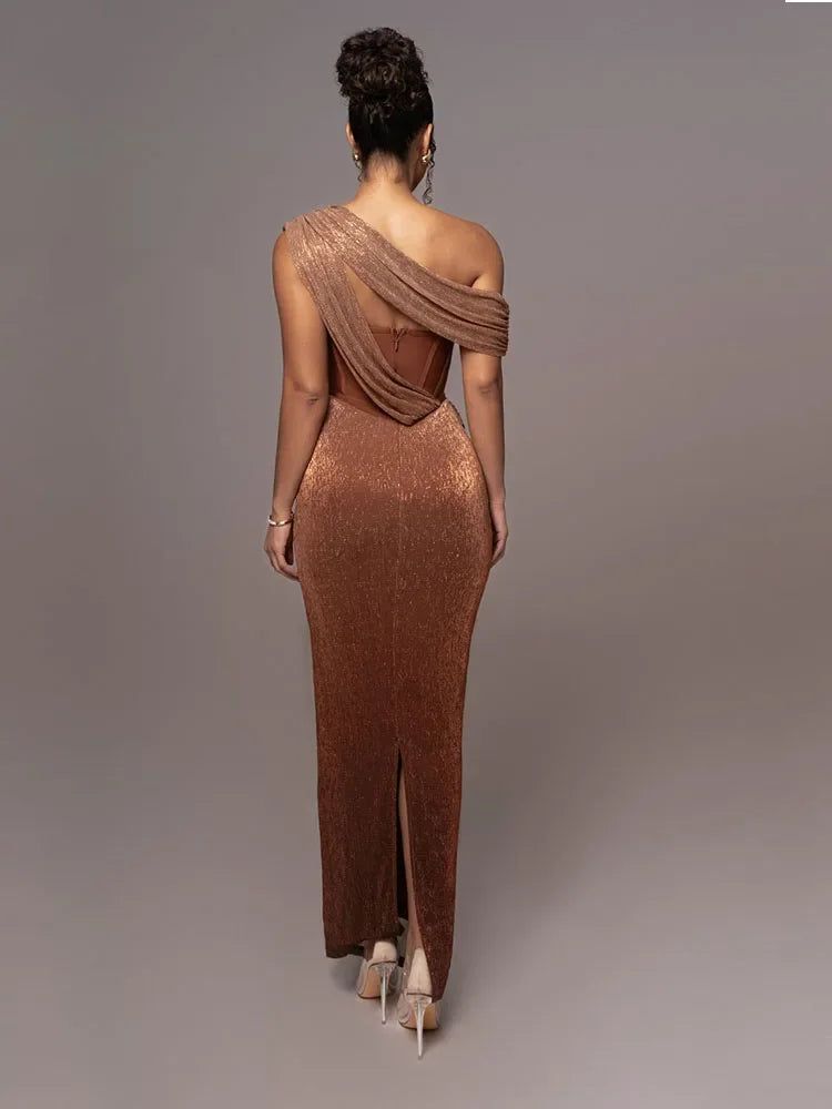 Robe de Soirée Métallique à Une Épaule pour Femmes
