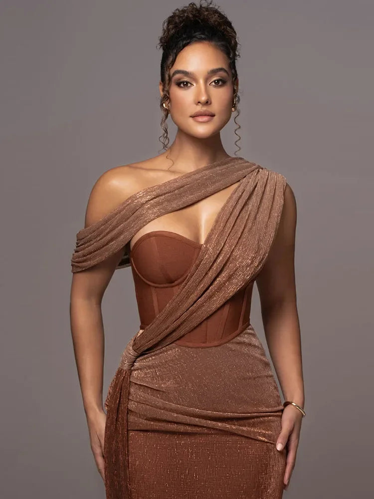 Robe de Soirée Métallique à Une Épaule pour Femmes