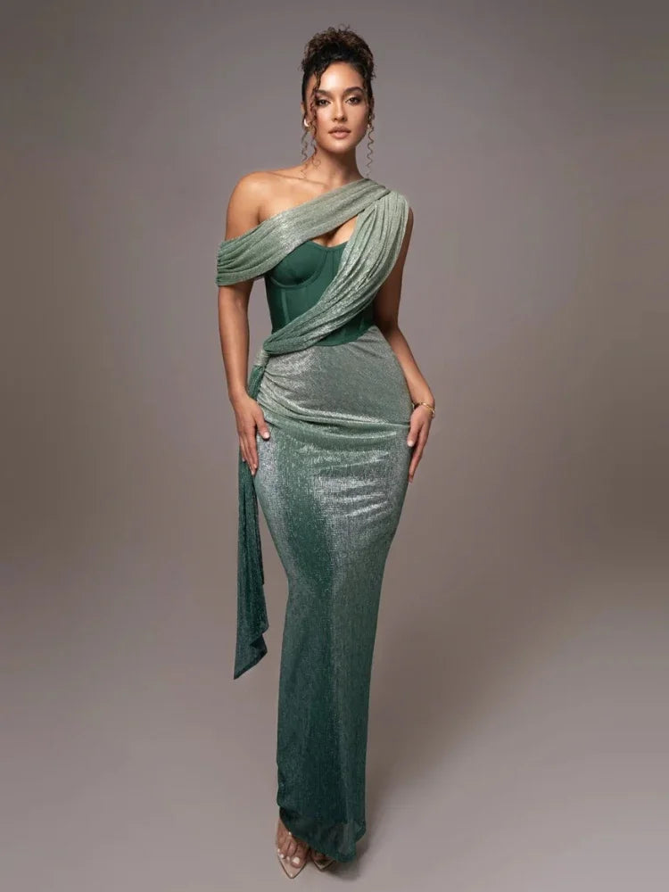 Robe de Soirée Métallique à Une Épaule pour Femmes
