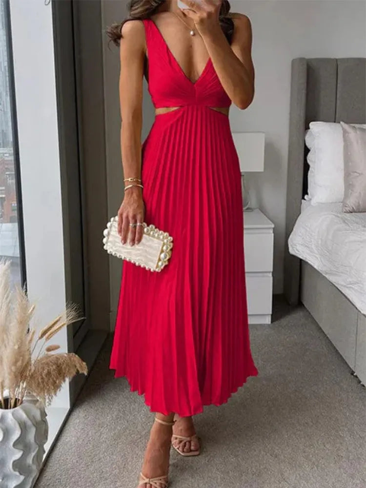 Robe Maxi Plissée Élégante à Col V pour Femmes