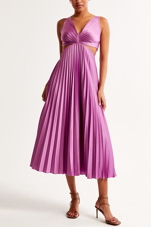 Robe Maxi Plissée Élégante à Col V pour Femmes