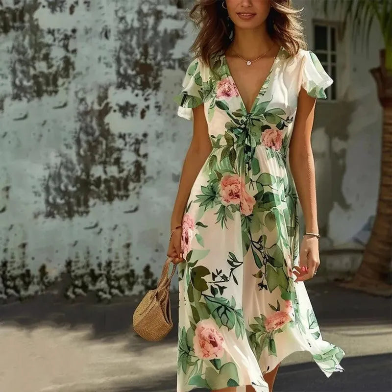 Robe Midi Fleurie Verte pour Femme avec Jupe A-Line Flottante