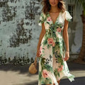 Robe Midi Fleurie Verte pour Femme avec Jupe A-Line Flottante