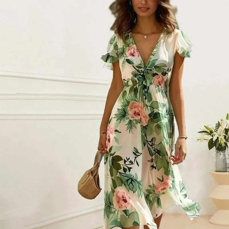 Robe Midi Fleurie Verte pour Femme avec Jupe A-Line Flottante