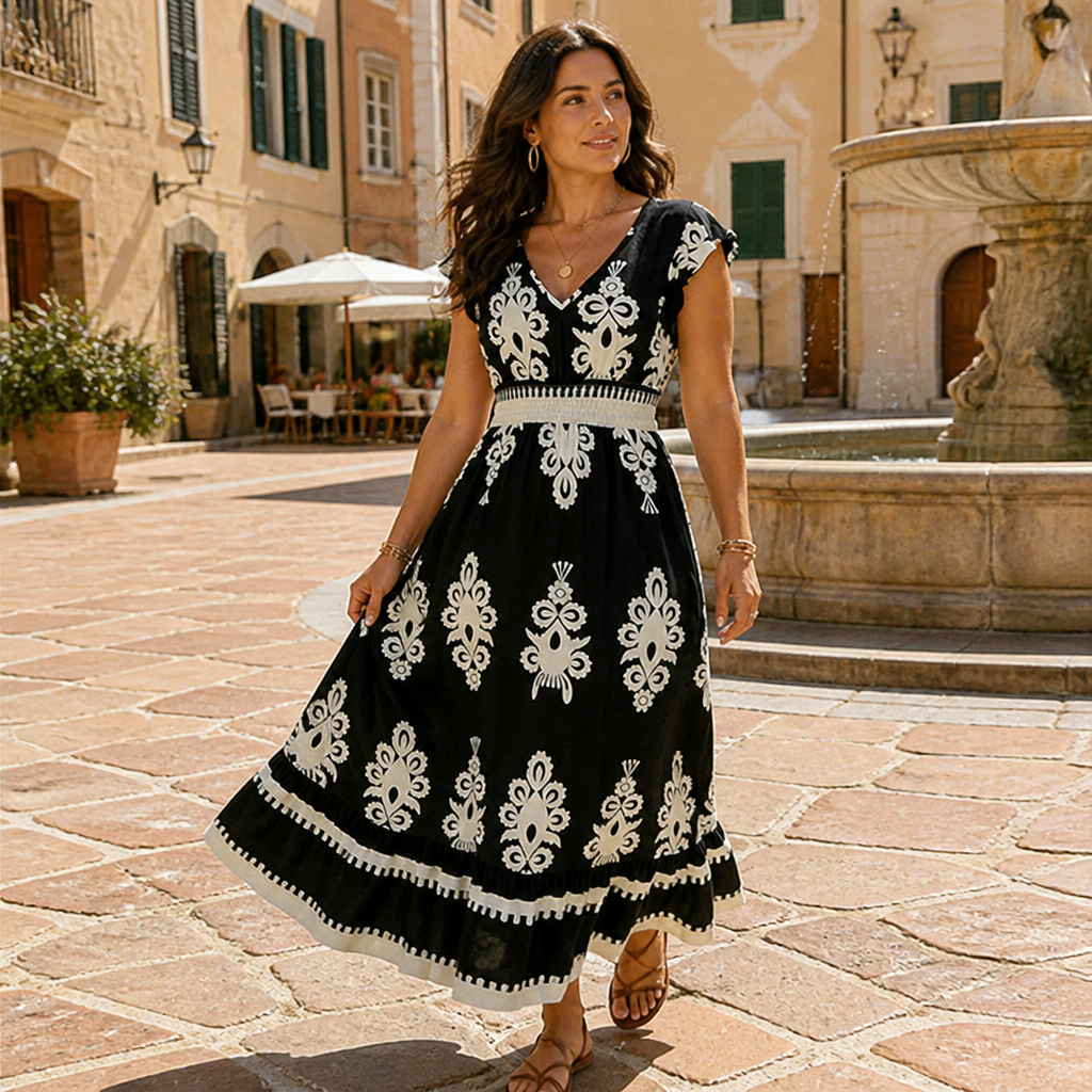 LuminaSway™ – Robe Maxi V-Neck Imprimé Baroque Vintage