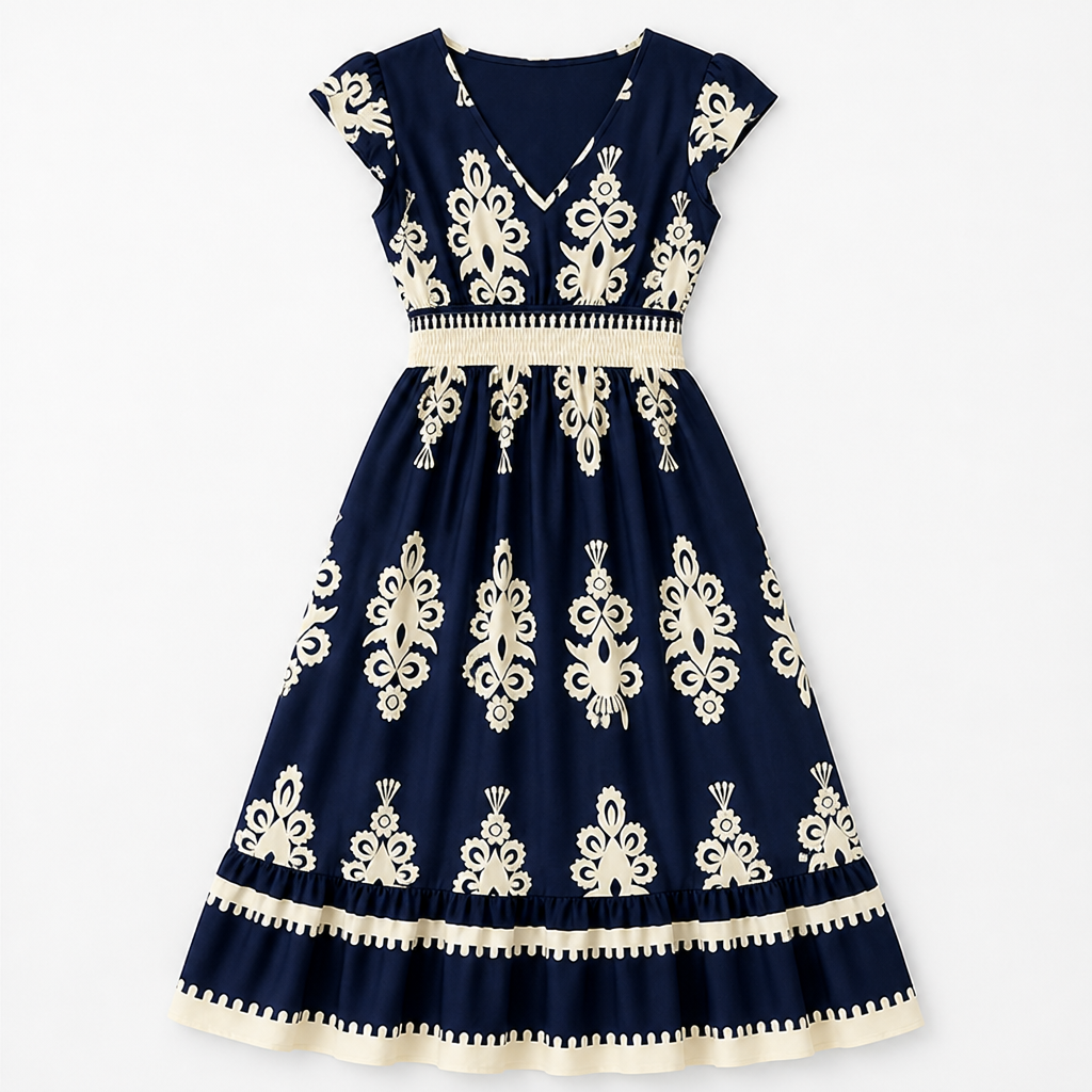 LuminaSway™ – Robe Maxi V-Neck Imprimé Baroque Vintage