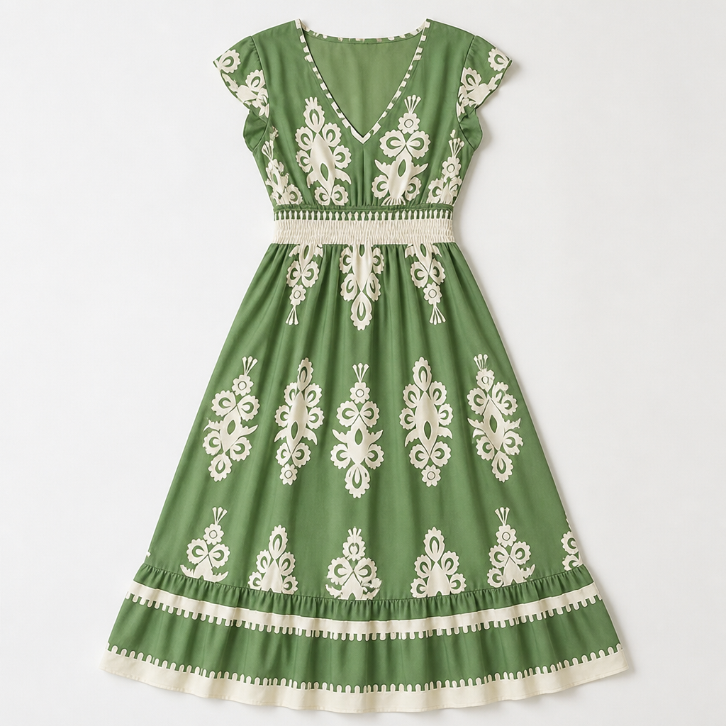 LuminaSway™ – Robe Maxi V-Neck Imprimé Baroque Vintage