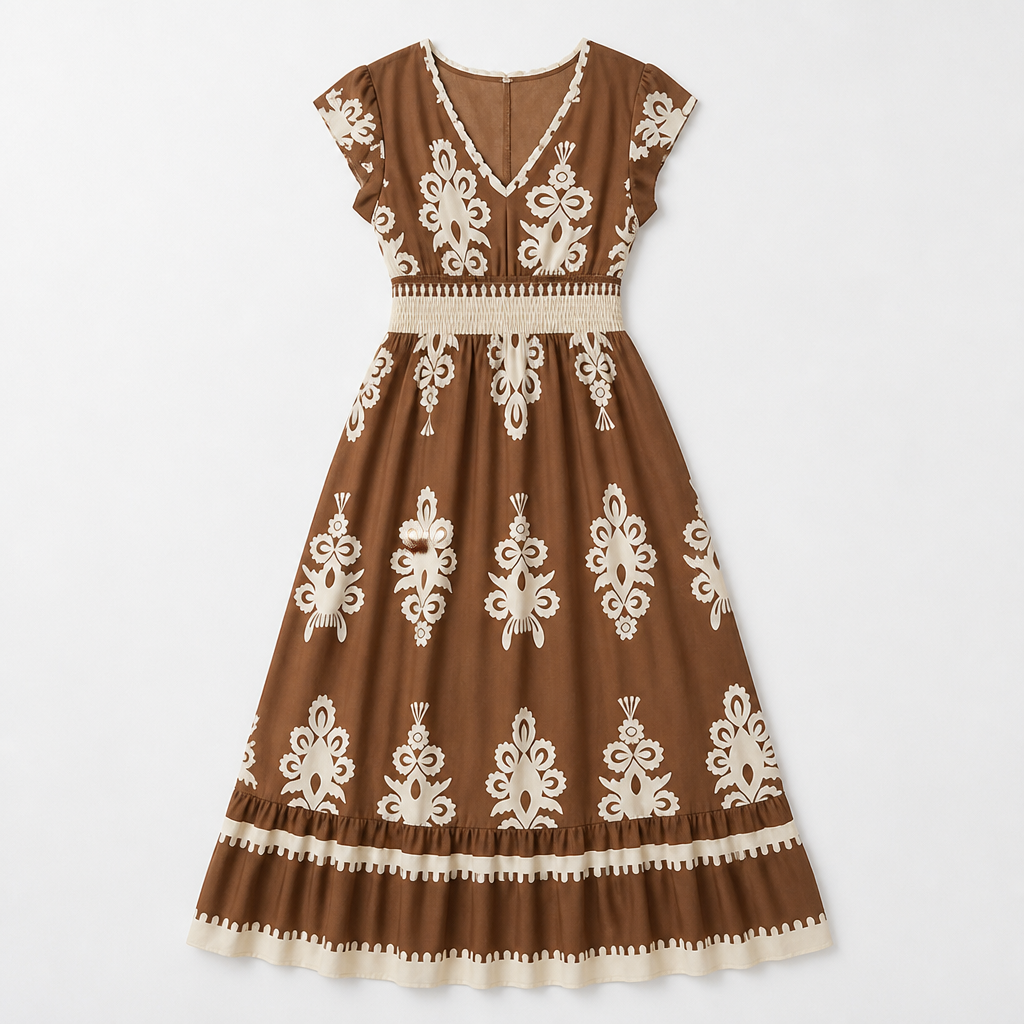 LuminaSway™ – Robe Maxi V-Neck Imprimé Baroque Vintage