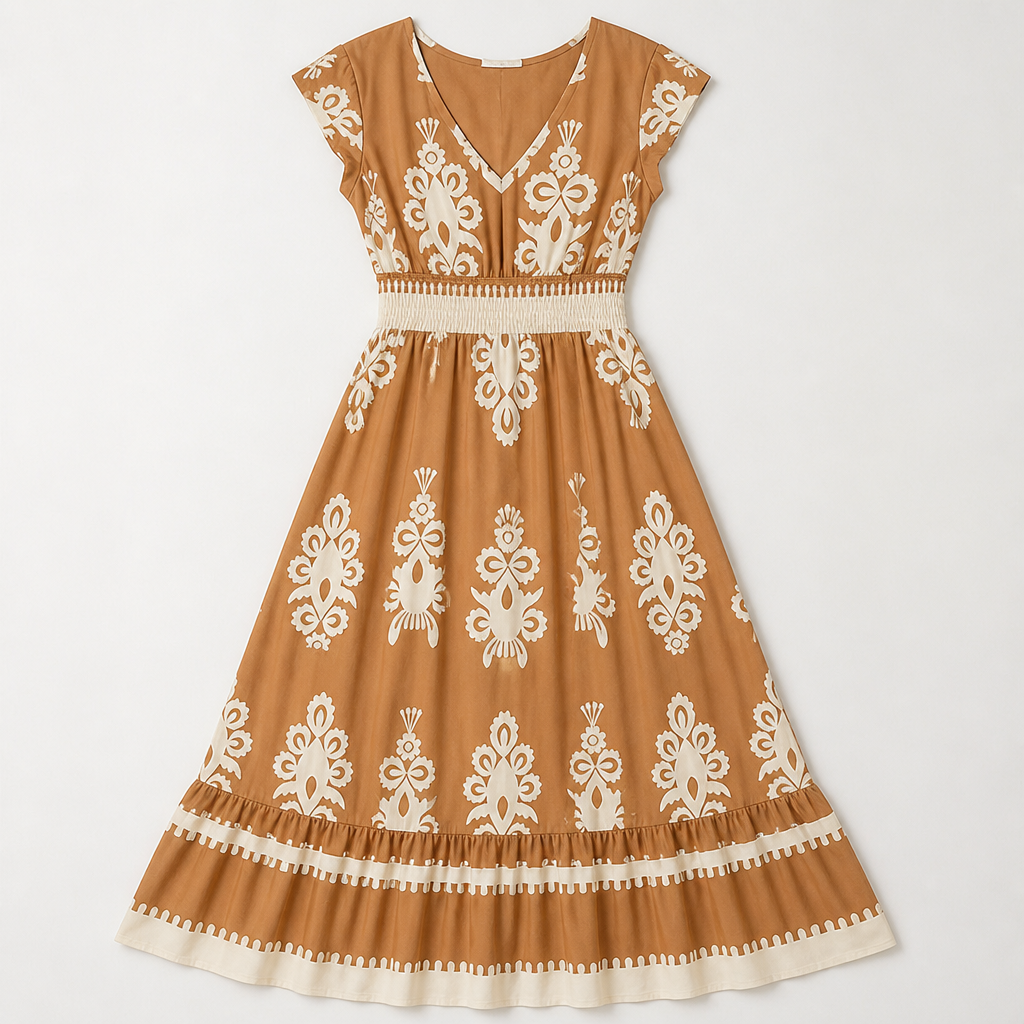 LuminaSway™ – Robe Maxi V-Neck Imprimé Baroque Vintage