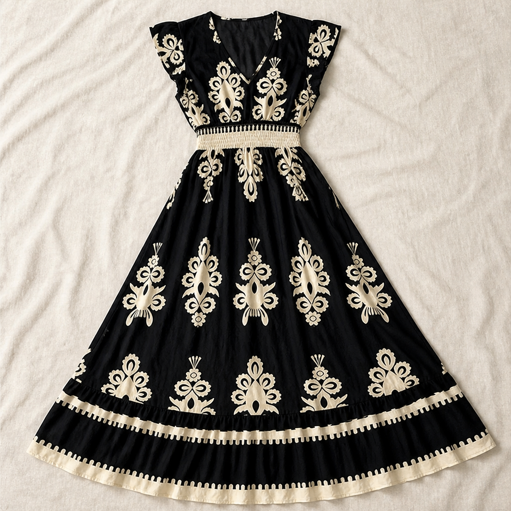 LuminaSway™ – Robe Maxi V-Neck Imprimé Baroque Vintage
