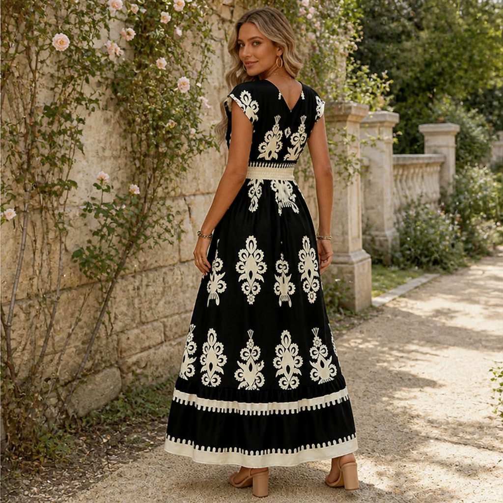 LuminaSway™ – Robe Maxi V-Neck Imprimé Baroque Vintage