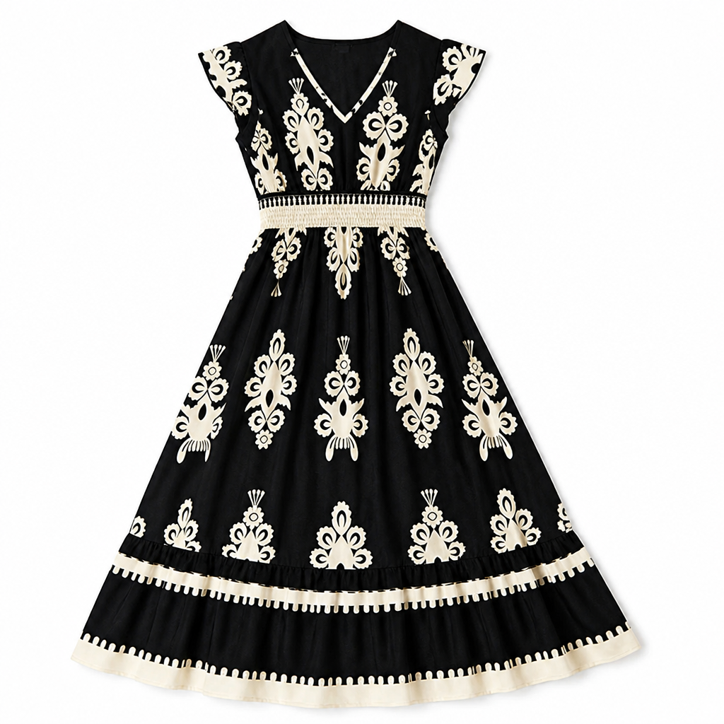LuminaSway™ – Robe Maxi V-Neck Imprimé Baroque Vintage
